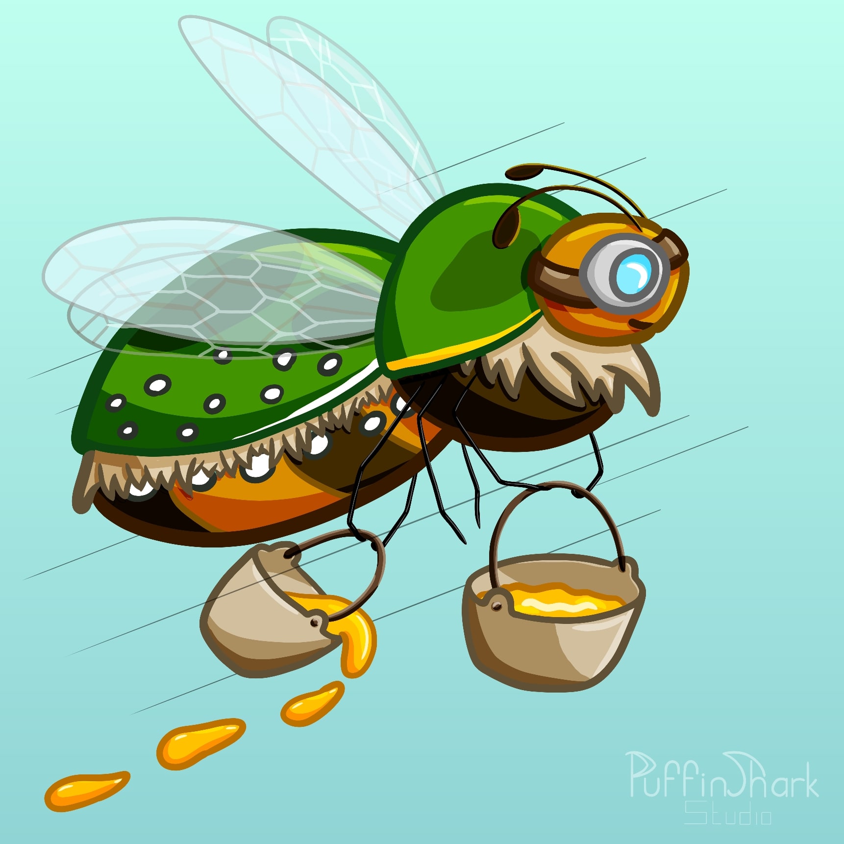 An illustration of a bee dressed up as a beetle
