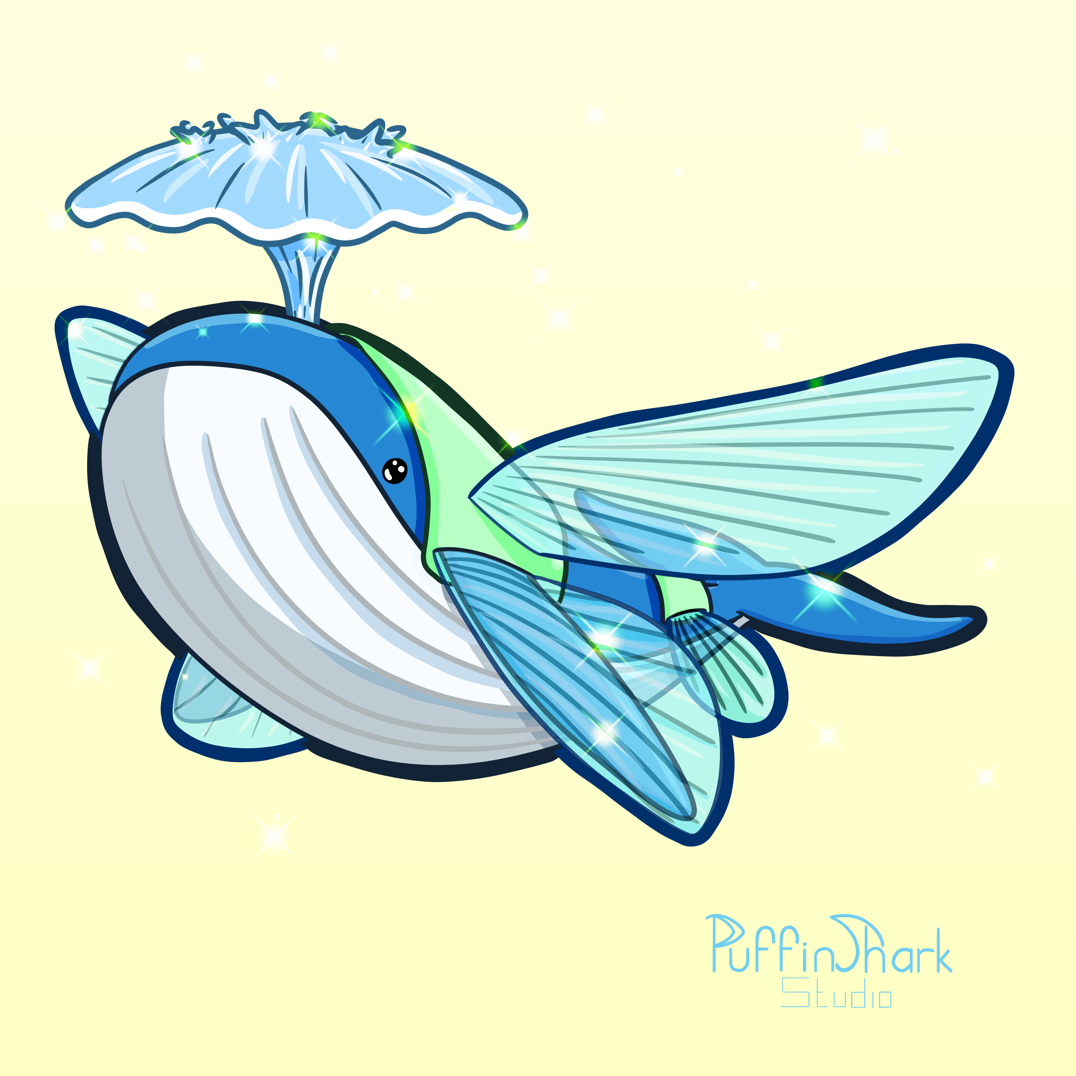 An illustration of a blue whale dressed up as a flying fish