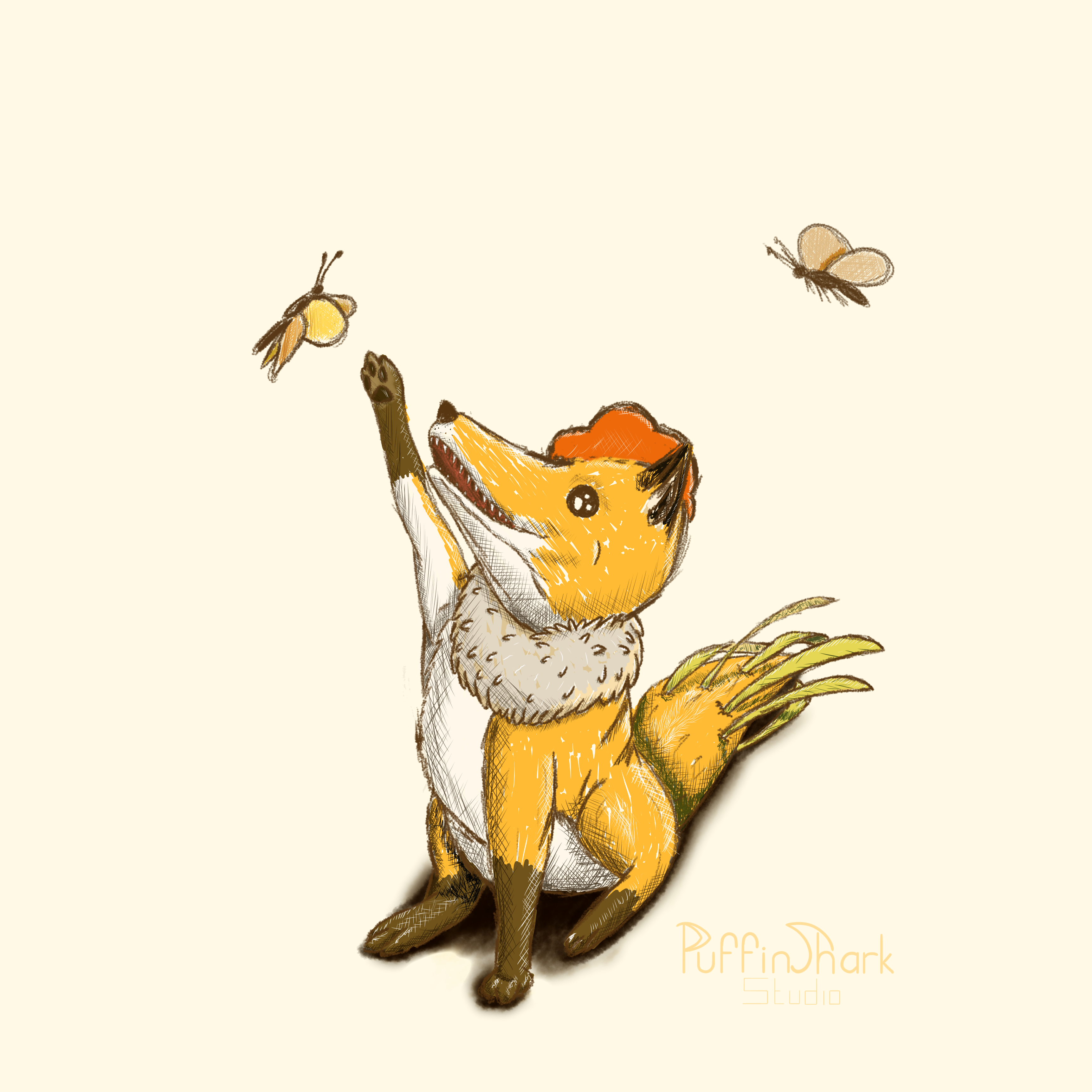 An illustration of a fox dressed as a rooster, pawing at butterflies