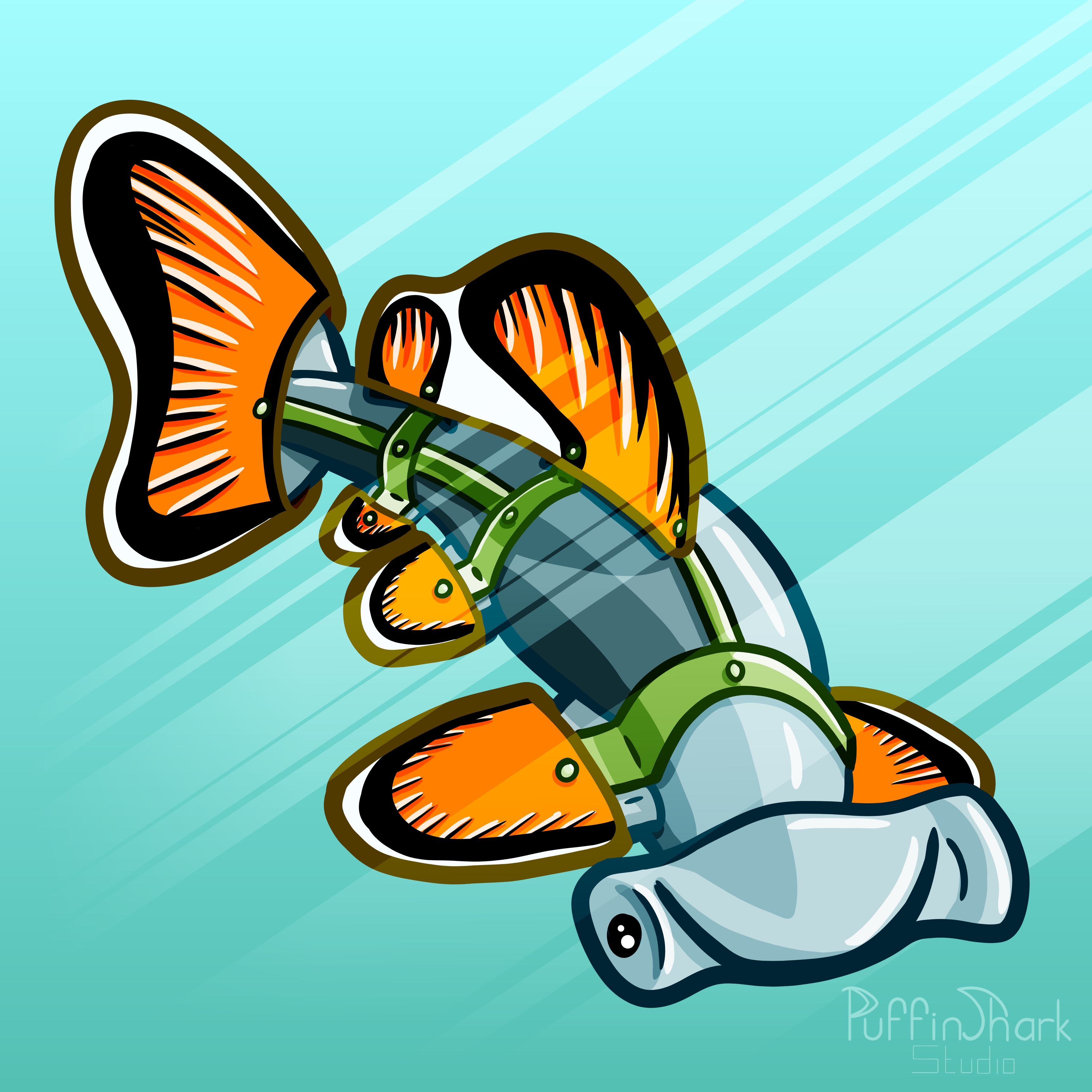An illustration of a hammerhead shark dressed up as a clownfish