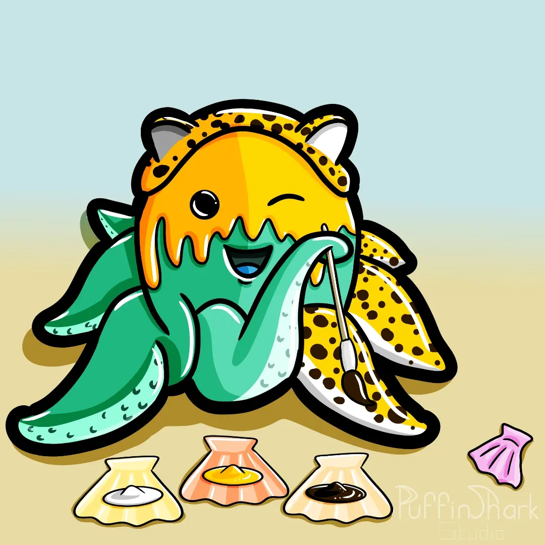 An illustration of an octopus painting itself to become a leopard