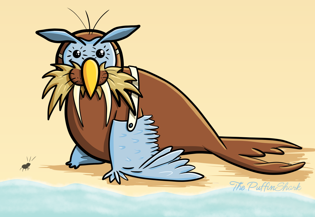 An illustration of a walrus dressed as an owl