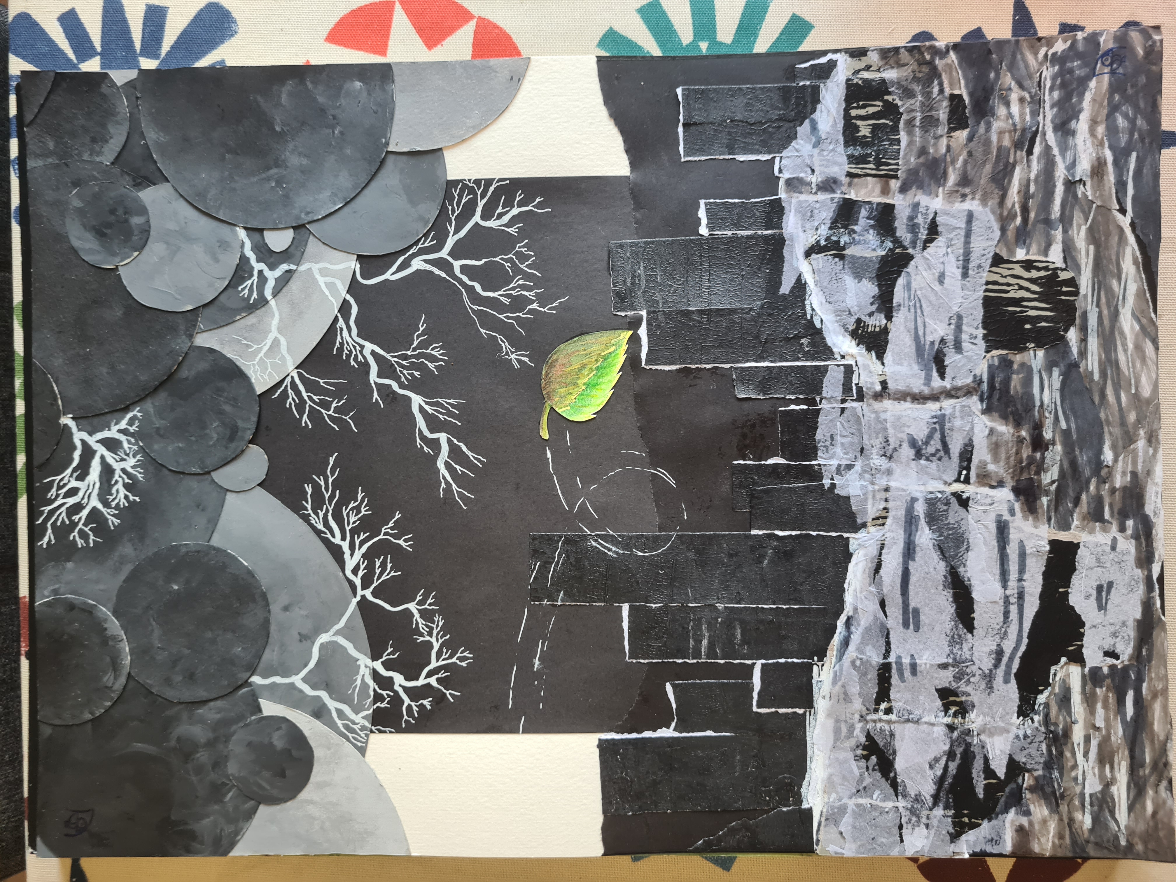 The same piece as When Giants Walk, but upside down, showing a stormy cityscape with lightning and a foggy lake