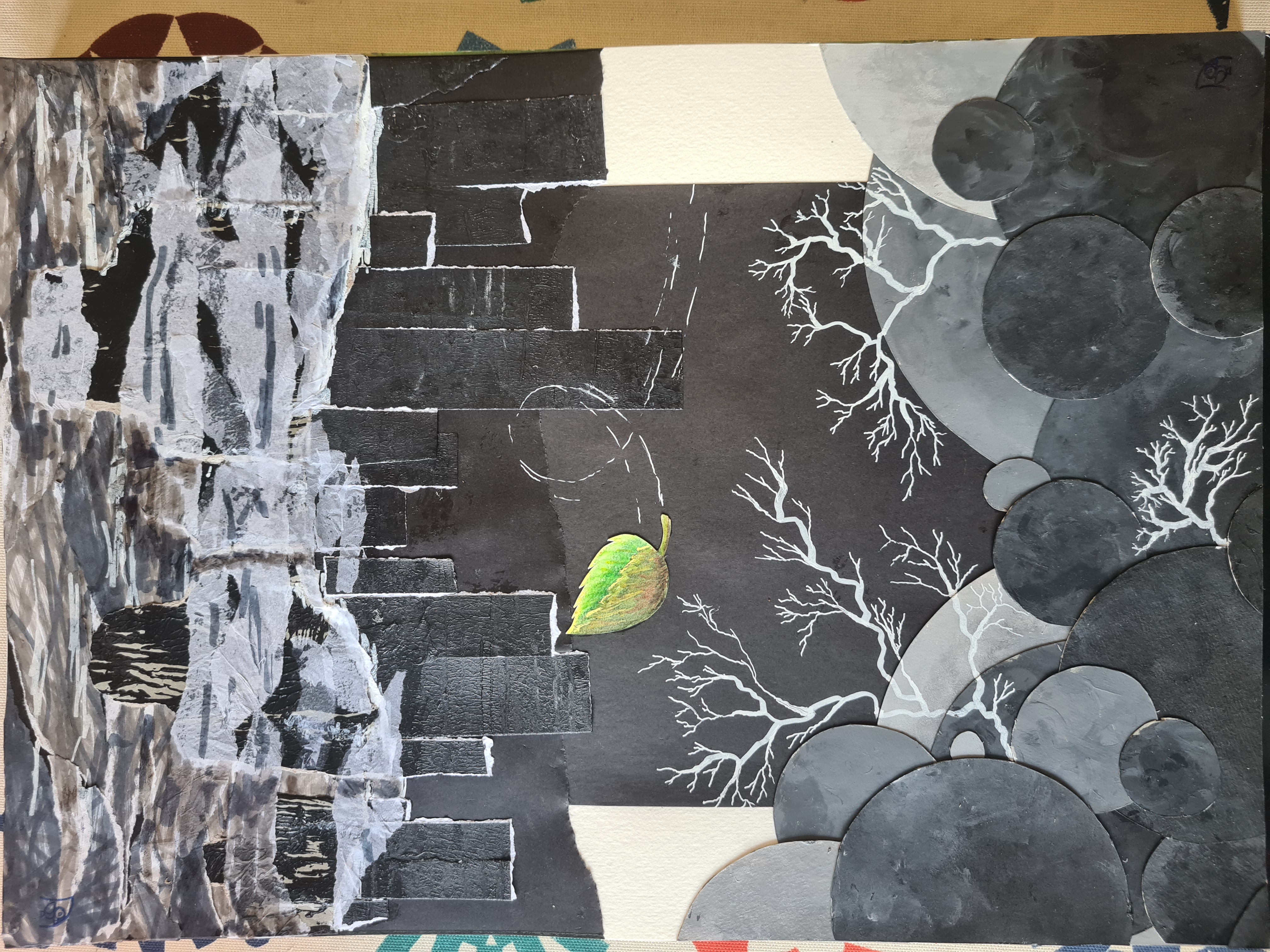 A mixed media piece of giants formed from rectangular shapes, hills out of circles and a little lightning for dramatic effect, all in grayscale tones with a green leaf fluttering in the wind